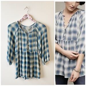 Anthropologie MAEVE Cavalon Teal Blue Plaid Popover Blouse Top Small